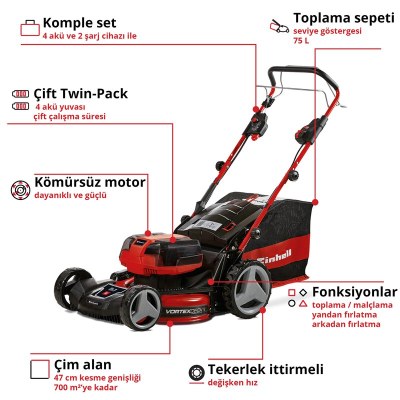 Einhell Akülü Çim Biçme Makinesi GP-CM 36/47 S HW Li (4x4,0Ah)